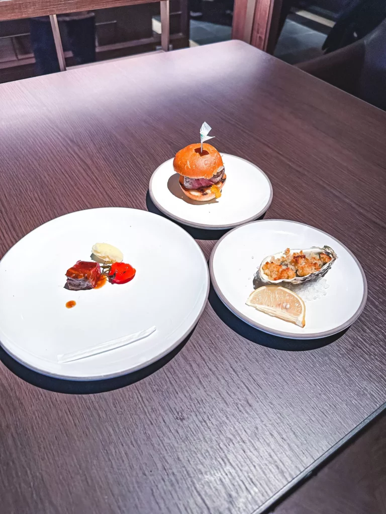 a group of plates with food on them