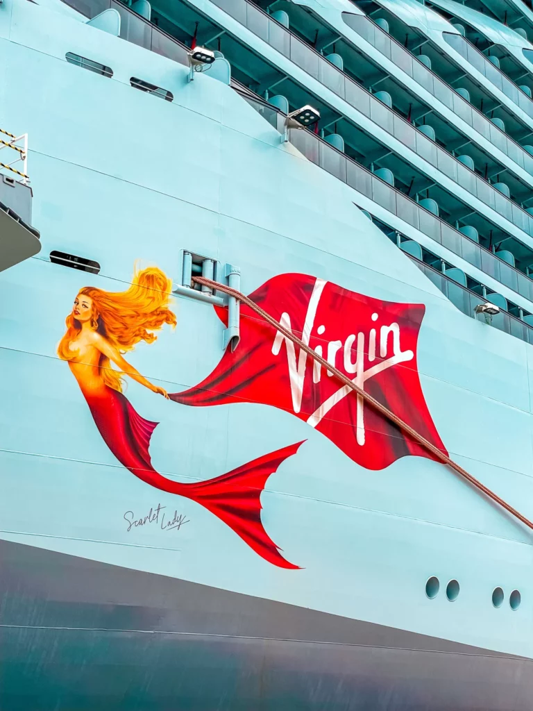 Virgin Voyages Scarlet Lady Logo up close