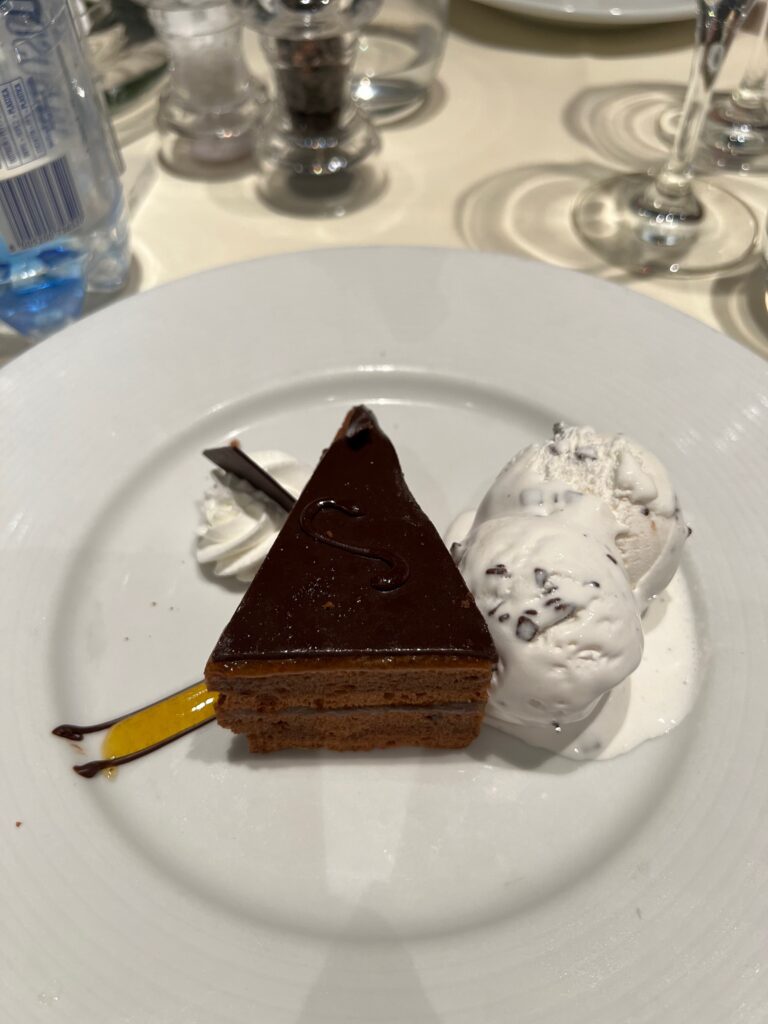 a plate of dessert with ice cream and chocolate cake
