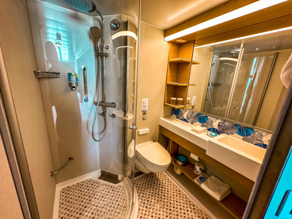 Bathroom in Oceanview Balcony Cabin on Utopia of the Seas with Rain Shower