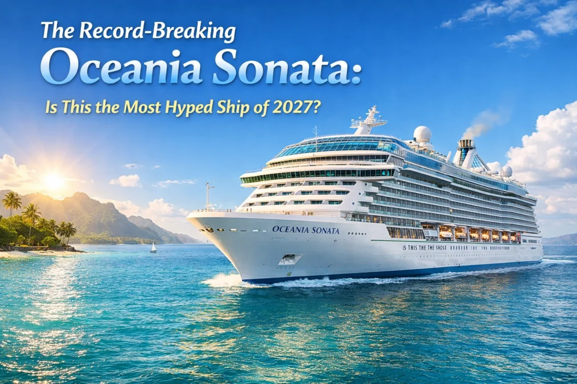 The image shows a large cruise ship named "Oceania Sonata" sailing on a clear blue ocean. The ship is prominently featured with multiple decks and large windows. In the background, there is a scenic view of a tropical island with lush green mountains and palm trees, under a bright blue sky with a few clouds. The sun is setting or rising, casting a warm glow over the scene. Text on the image reads: "The Record-Breaking Oceania Sonata: Is This the Most Hyped Ship of 2027?"