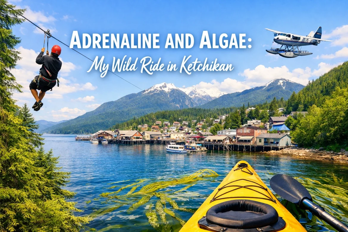 The image shows a scenic view of Ketchikan, featuring a person zip-lining over a forested area on the left, a yellow kayak with a paddle in the foreground, and a seaplane flying above. In the background, there are snow-capped mountains and a waterfront town with houses and boats. The text reads, "Adrenaline and Algae: My Wild Ride in Ketchikan."