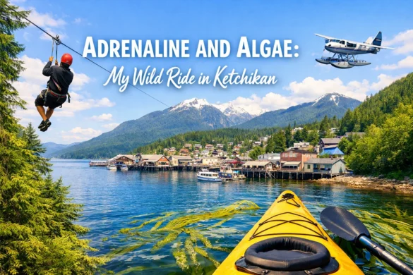 The image shows a scenic view of Ketchikan, featuring a person zip-lining over a forested area on the left, a yellow kayak with a paddle in the foreground, and a seaplane flying above. In the background, there are snow-capped mountains and a waterfront town with houses and boats. The text reads, "Adrenaline and Algae: My Wild Ride in Ketchikan."