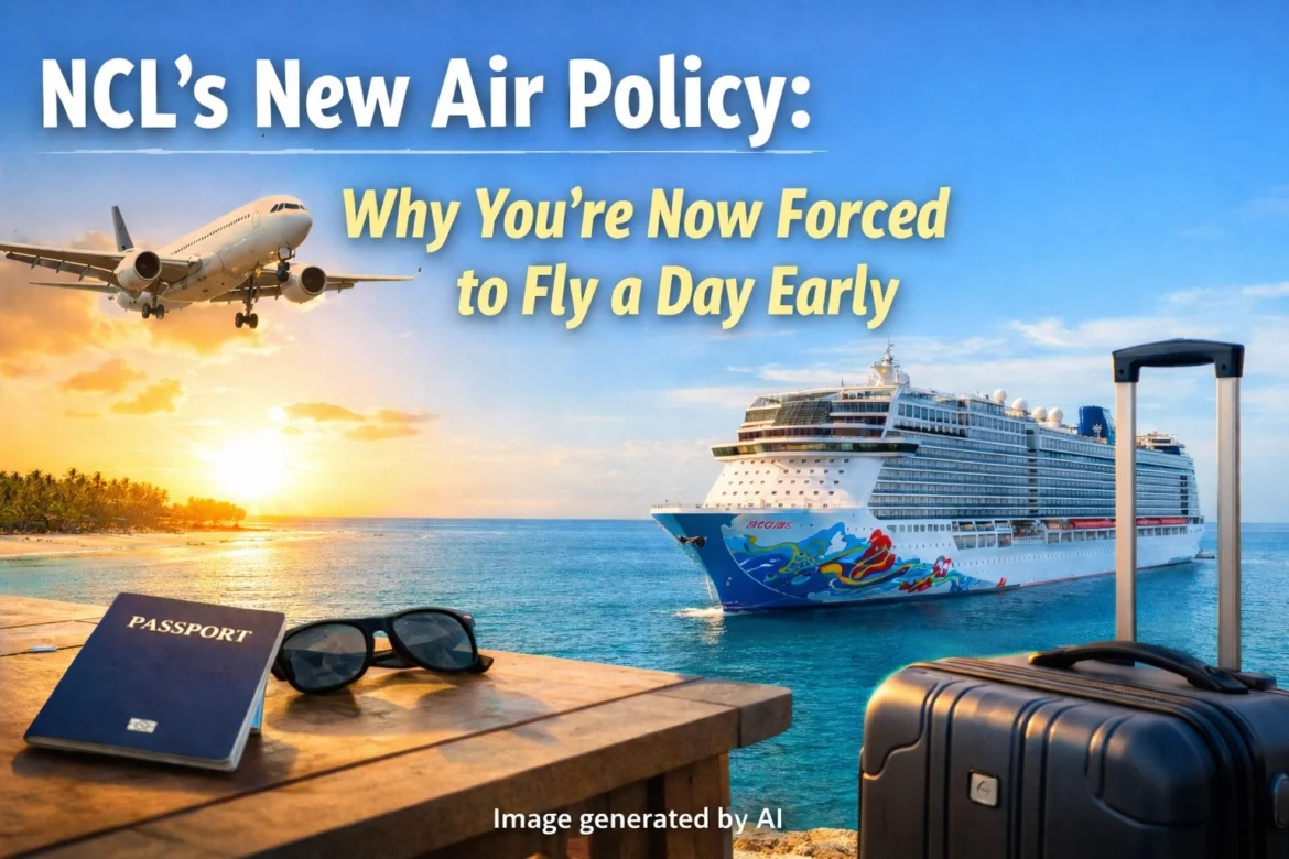 The image features a scenic view of a cruise ship on the ocean with a sunset in the background. An airplane is flying in the sky. In the foreground, there is a table with a passport and sunglasses, and a suitcase is standing nearby. The text on the image reads: "NCL's New Air Policy: Why You're Now Forced to Fly a Day Early."