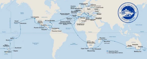 a map of the world with a route Princess World Cruise