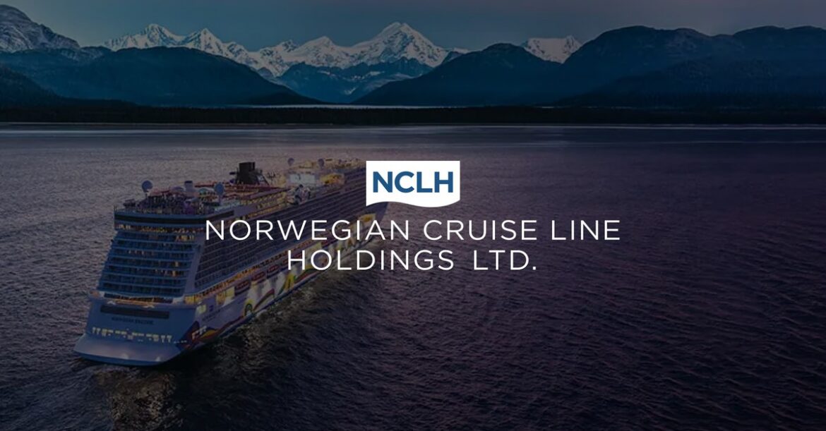 A large cruise ship is sailing on a body of water with snow-capped mountains in the background. The text "NCLH Norwegian Cruise Line Holdings Ltd." is overlaid on the image.